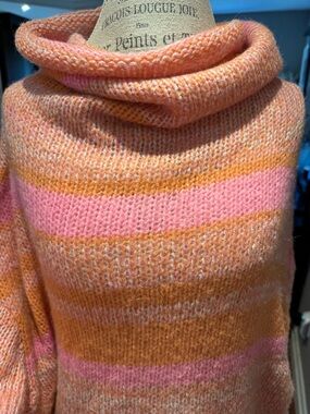 L Free People Cozy Knit Oversized Orange & Pink Striped Sweater
